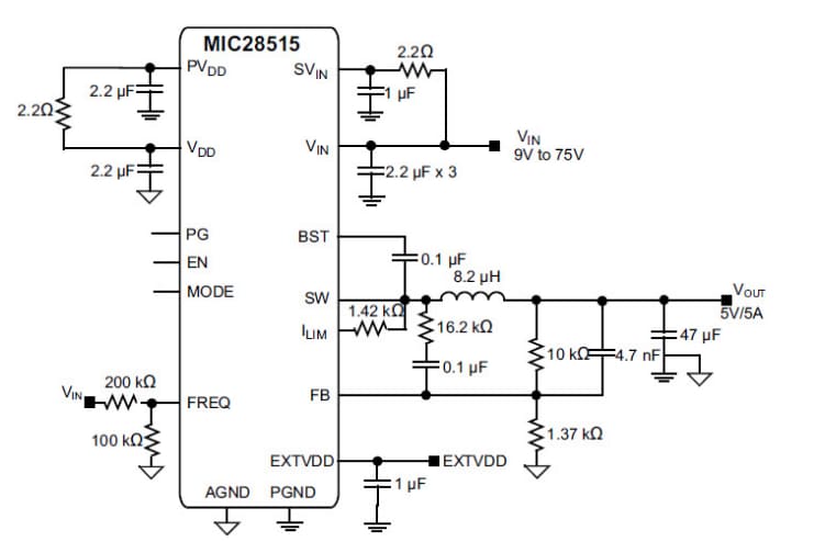 アプリケーション回路図 - Microchip Technology MIC28515 5Aスイッチング・レギュレータ